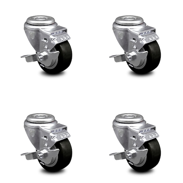 3.5 Inch Black Polyurethane Wheel Swivel Bolt Hole Caster Set with Brake SCC